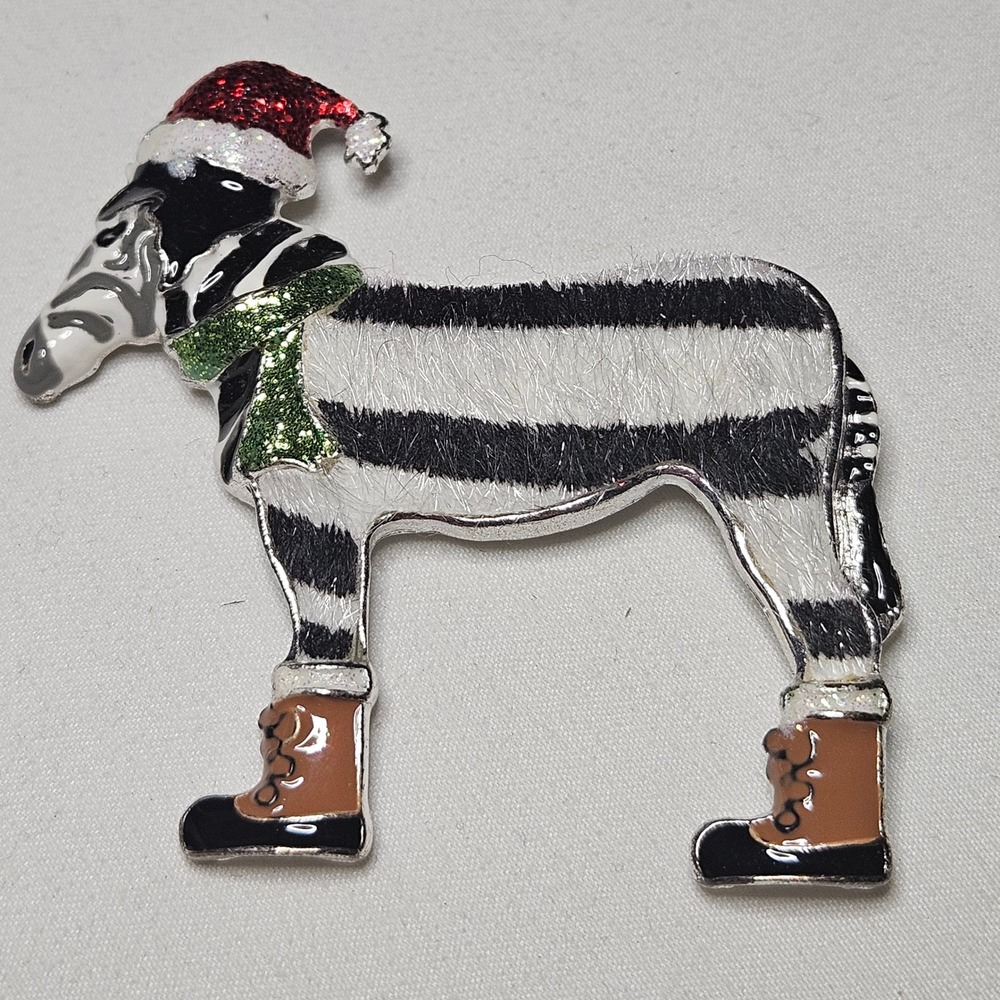 Vintage Christmas Zebra Brooch Pin Enamel Glitter Santa Hat Boots Holiday 2.75"